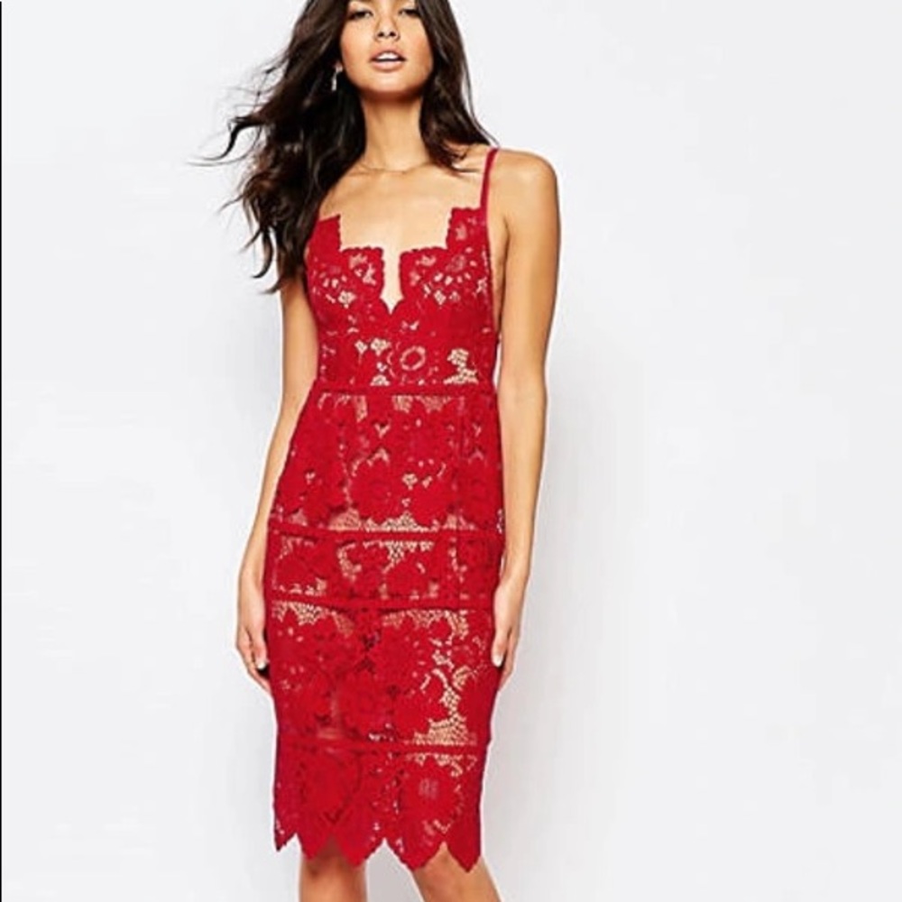 For Love and Lemons Gianna Midi Dress in Red Lace